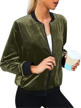 SOCIALITE Olive Green Sweater Velour Style Soft Zip Up Bomber Jacket, Cardigan